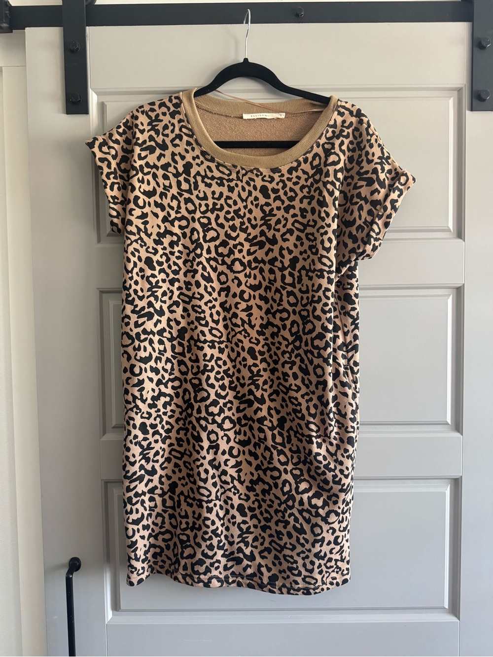 Leopard Print Short Sleeve T shirt Dress - Tan and Black
